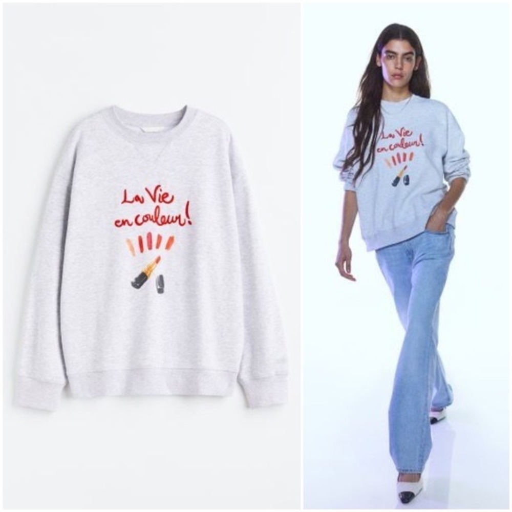 NWOT H&M La Vie en Colour French Grey Crew Neck Cotten Sweatshirt | Large